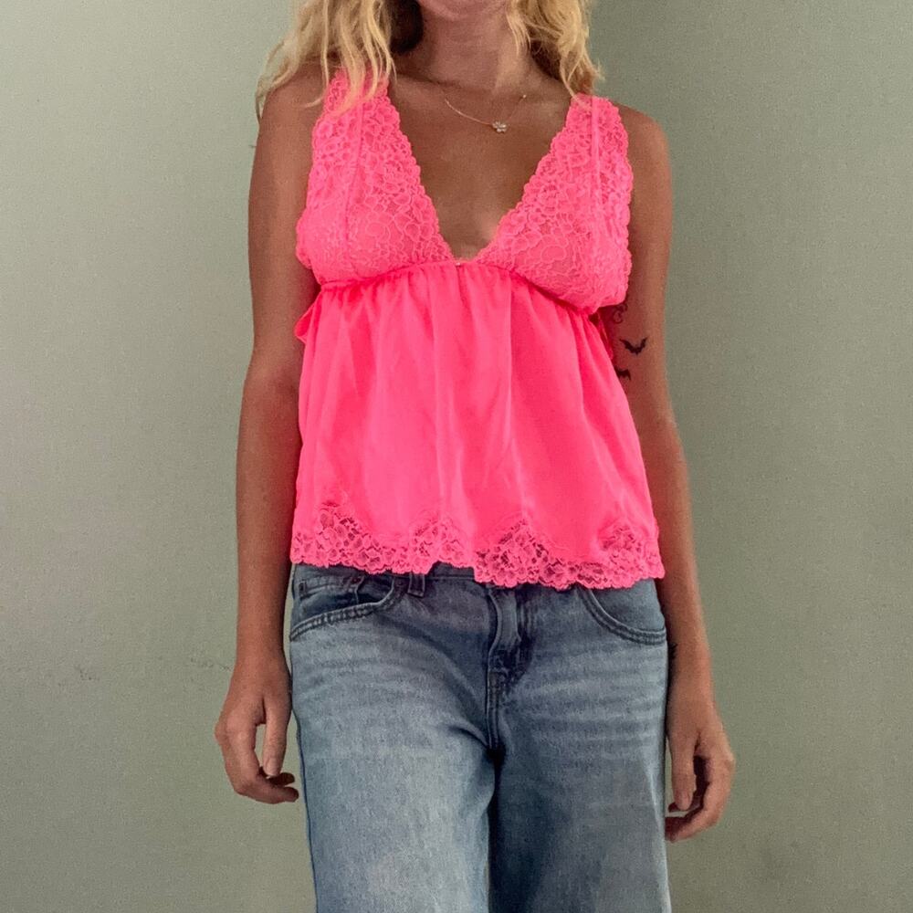 Victorias Secret Neon Hot Pink Lace Babydoll Cami Top Size Large Bimbo Baddie